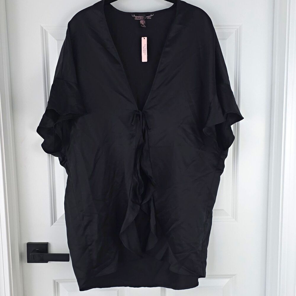 Victoria's Secret Black Satin Ruffle Trim Tie-Front Kimono Robe One Size NWT